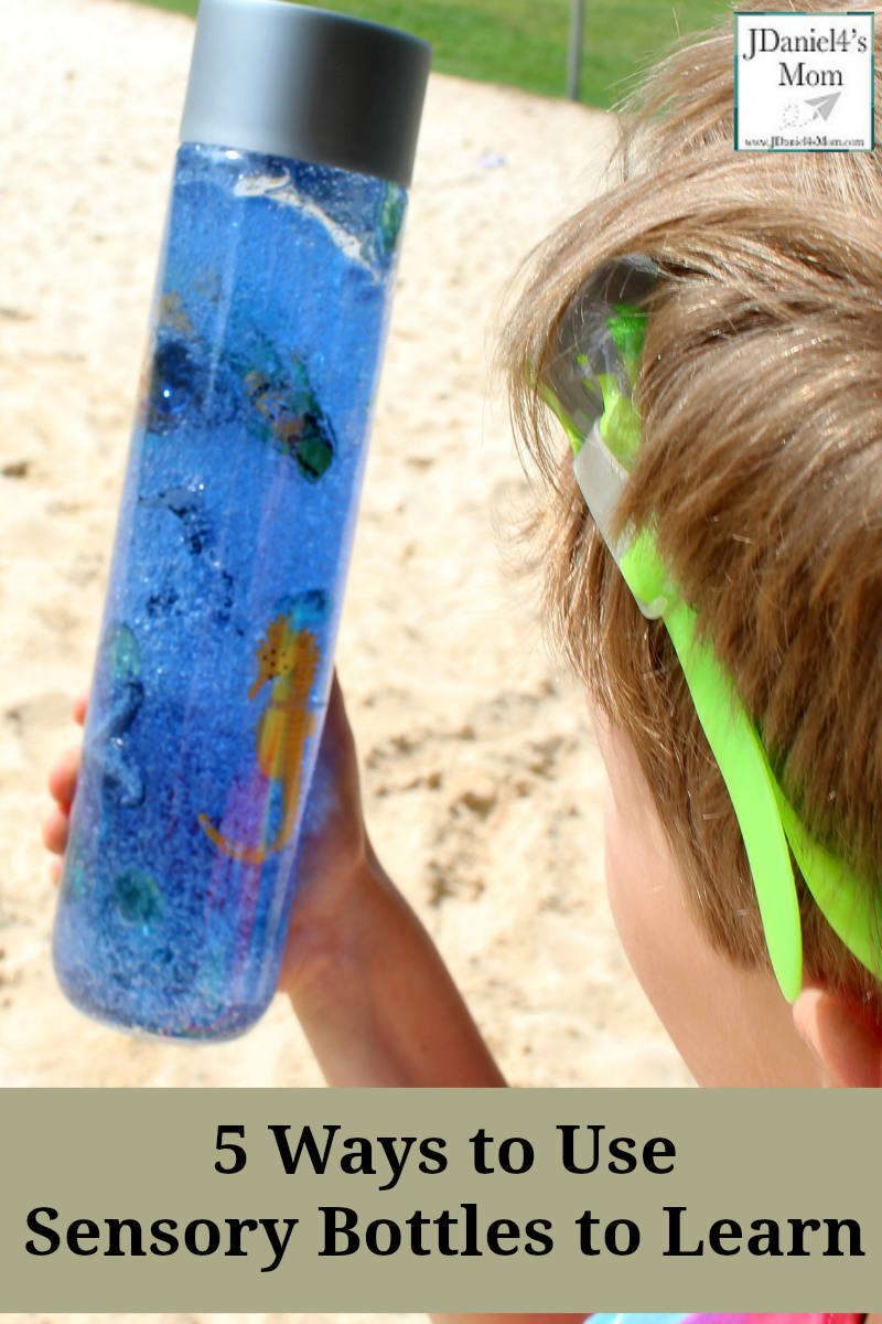 Five Ways to Explore Sensory Bottles - Stop by and see how to put this ocean themed sensory bottle together and fun ways to explore learning concepts with it.