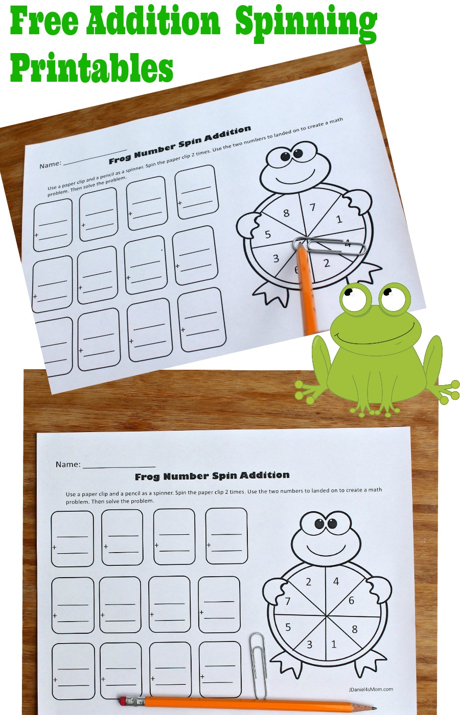 Your children at home and students at school will have fun using a paper clip spinner to determine the numbers they will be adding in each number facts. This set free addition spinning worksheets includes three worksheets.