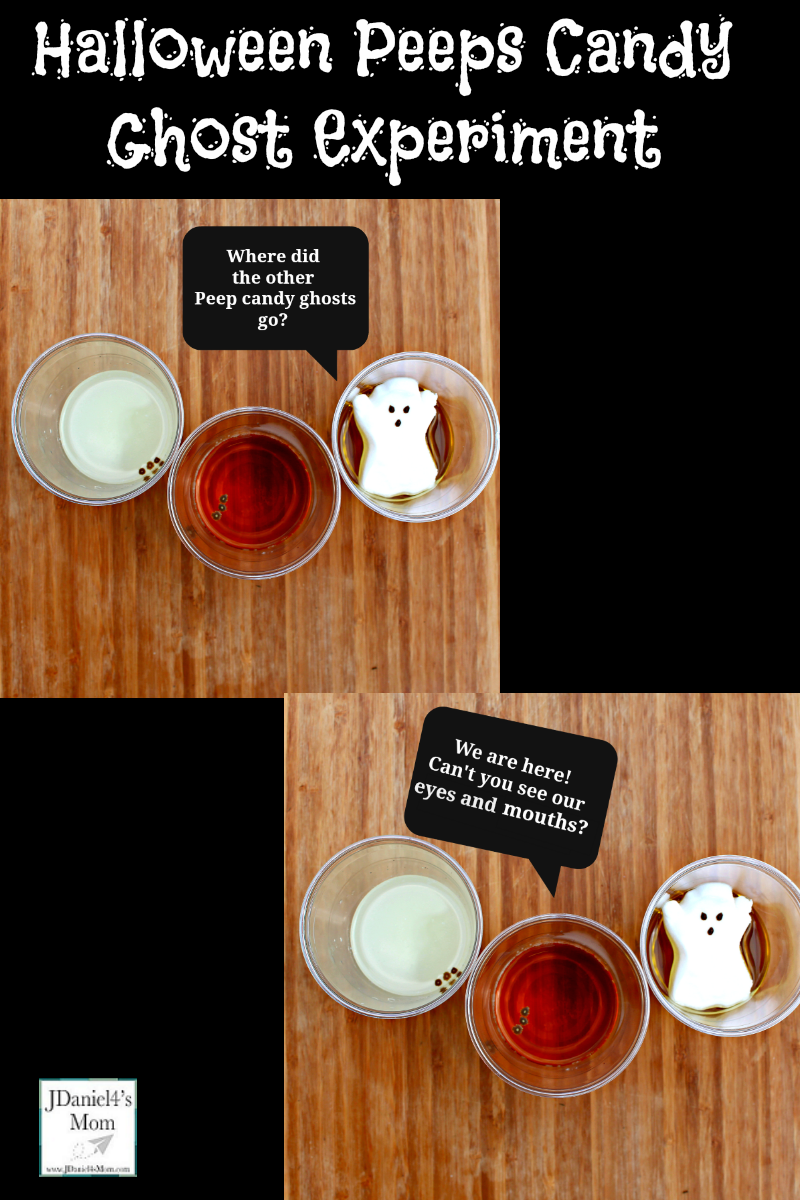 Halloween Peeps Candy Ghost Experiment- Your children at school and at home with have fun exploring what happens when Peep ghosts send the night in various liquids. This STEM activity has free printable that goes with it.