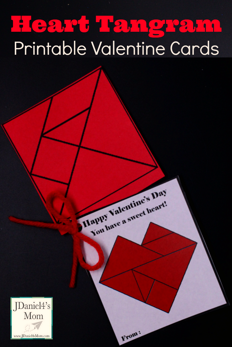 Heart Tangram Printable Valentine Cards- These fun cards give kids a non-candy treat to give their friends. The tangram shapes attached to the card can be used to build the heart on the card and hundreds of other patterns.