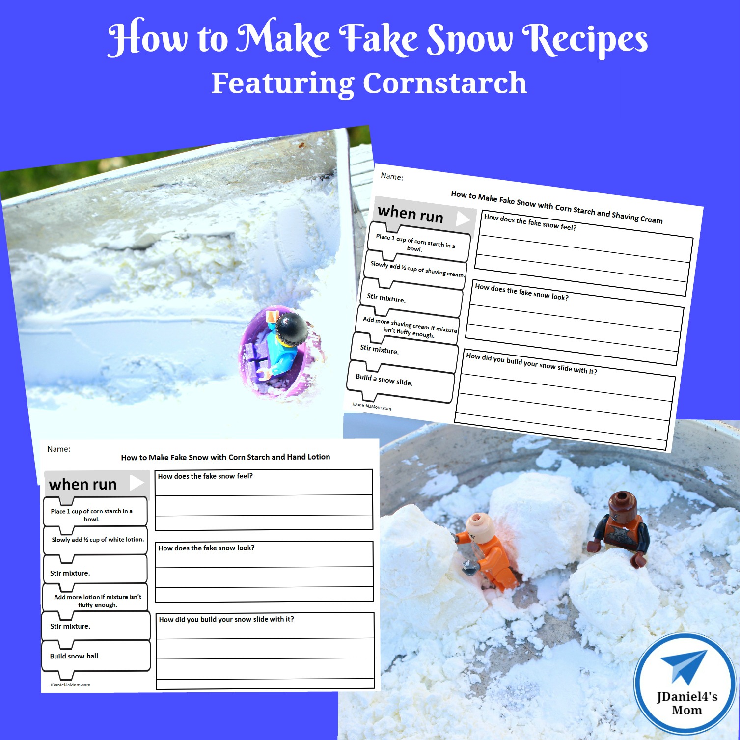 How to Make Fake Snow Recipes Featuring Cornstarch Displayed on Blockly Blocks.