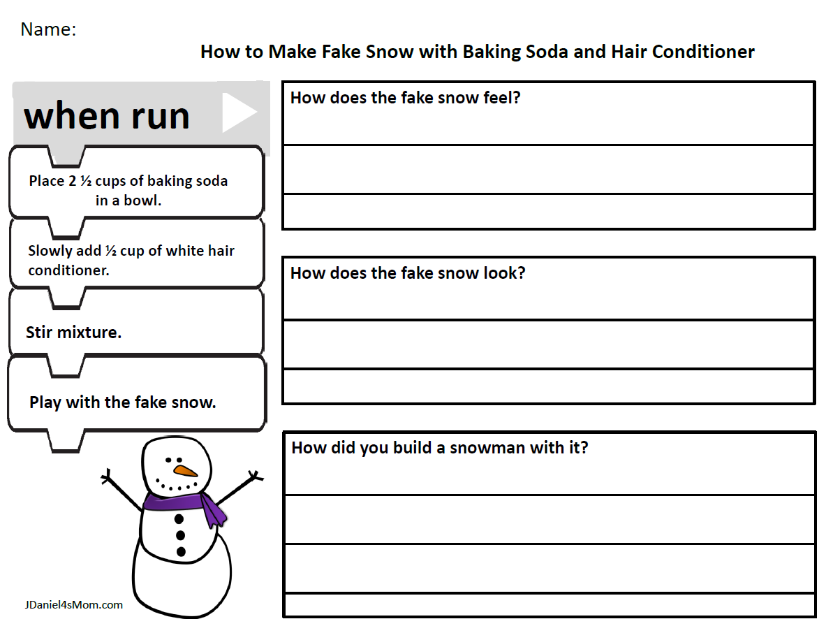How to Make Fake Snow with Baking Soda and Conditioner STEM Algorithm Activity Worksheet
