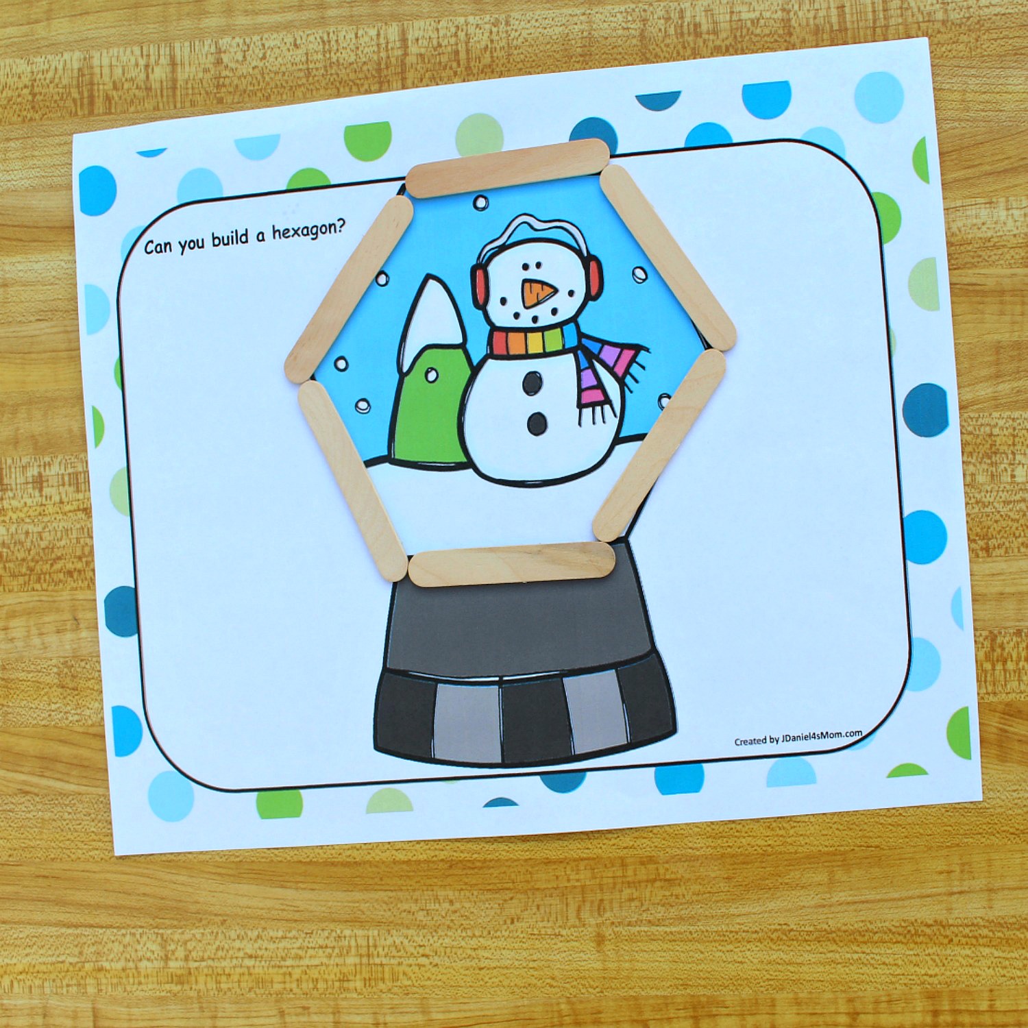 STEM Geometry Shapes Exploration Building Snow Globes Printable Work Mat Set - This is the hexagon mat.