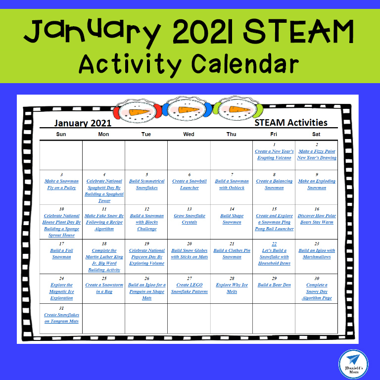 January 2021 STEAM Activity Calendar 