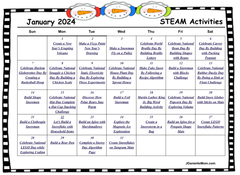January STEAM Activities Calendar 2024 JDaniel4s Mom