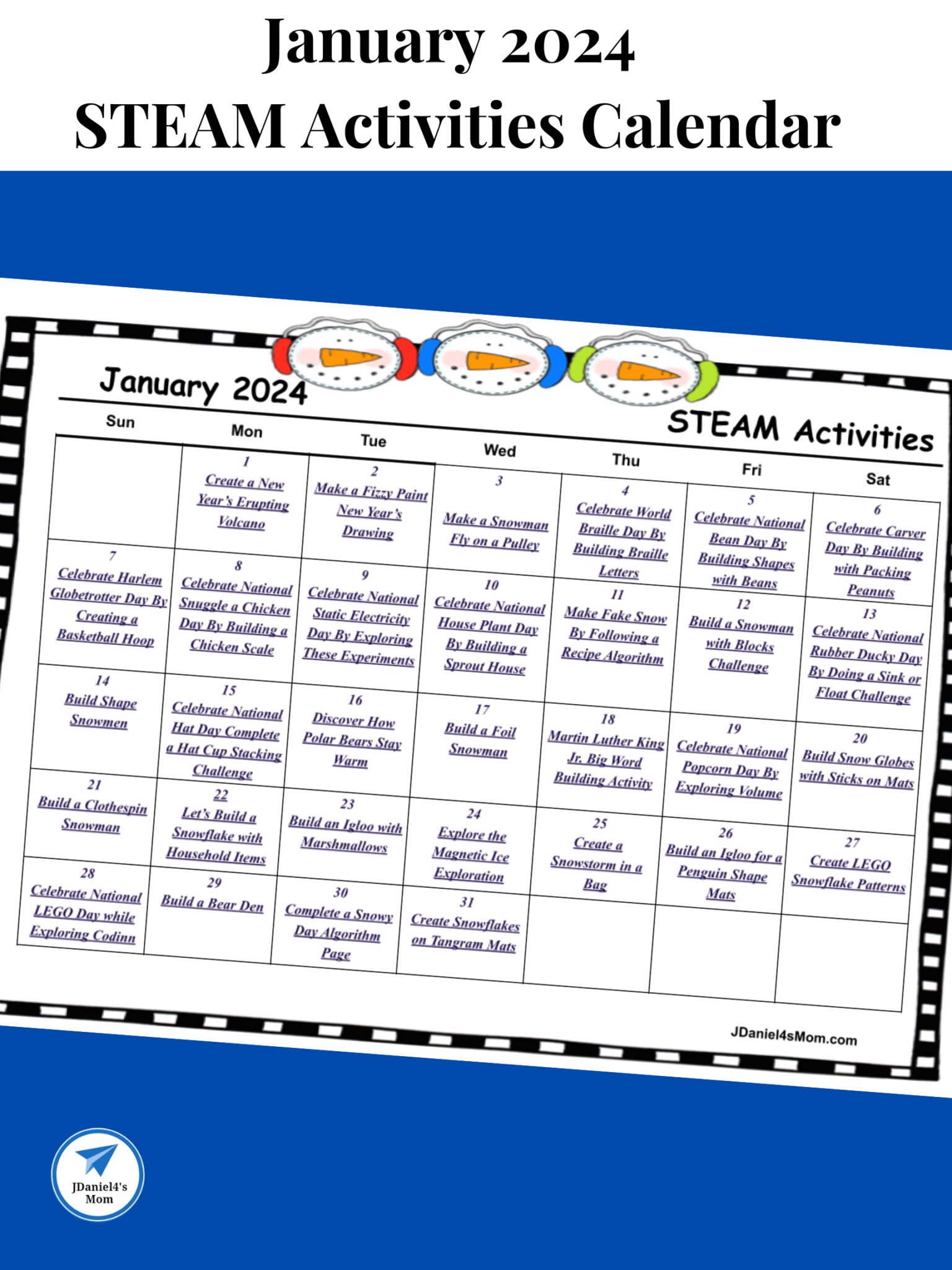 January STEAM Activities Calendar 2024 JDaniel4s Mom