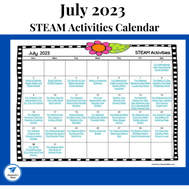 July 2023 STEAM Activities Calendar - JDaniel4s Mom