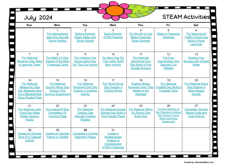 July 2024 STEAM Activities Calendar - JDaniel4s Mom