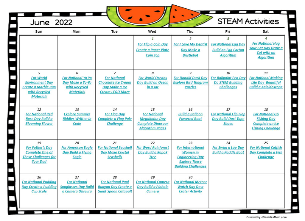 June steam activities calendar
