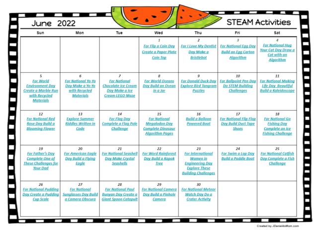 June 2022 STEAM Activities Calendar - JDaniel4s Mom