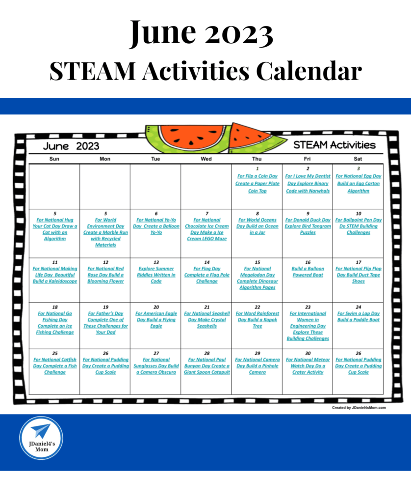 June STEAM Calendar of Activities 2023 - JDaniel4s Mom