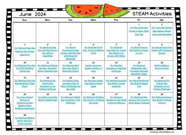 June 2024 STEAM Activities Calendar - JDaniel4s Mom