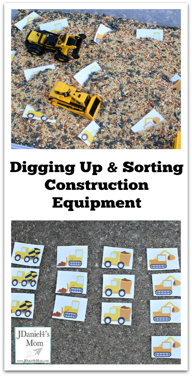 Kids Challenges- Digging Up and Sorting Construction Equipment Printables : Kids will love digging up various trucks and construction equipment. They can then sort them each into groups.