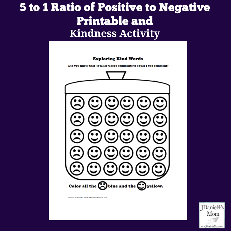 Kindness Activity - 5 to 1 ratio of Positive to Negative Printable- It takes a lot of positive comments to get past a negative one.