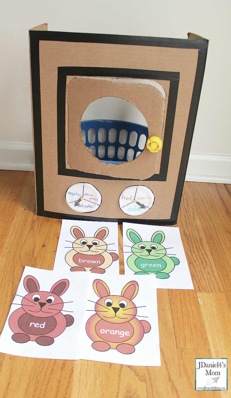 Knuffle Bunny Color Exploration Game with Printable Bunny Cards - This is a fun way to explore color words. Kids will love placing the color bunnies in the washing machine.