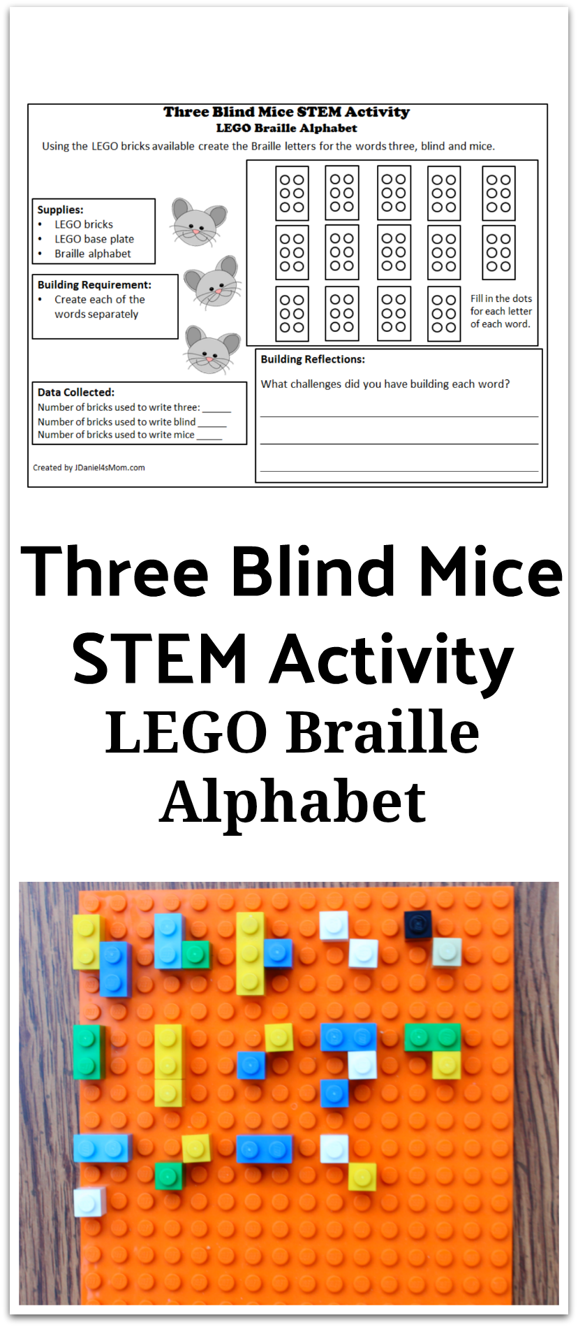 LEGO Braille Alphabet : Three Blind Mice STEM Activity - This activity has a planning and reflections printable. It gives your children at home or your students at school a chance to explore Braille.