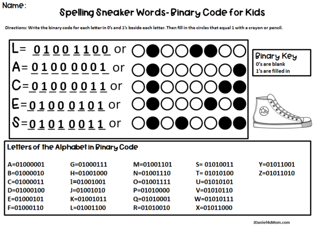 Spelling Sneaker Words in Binary Code for Kids- Spelling Laces