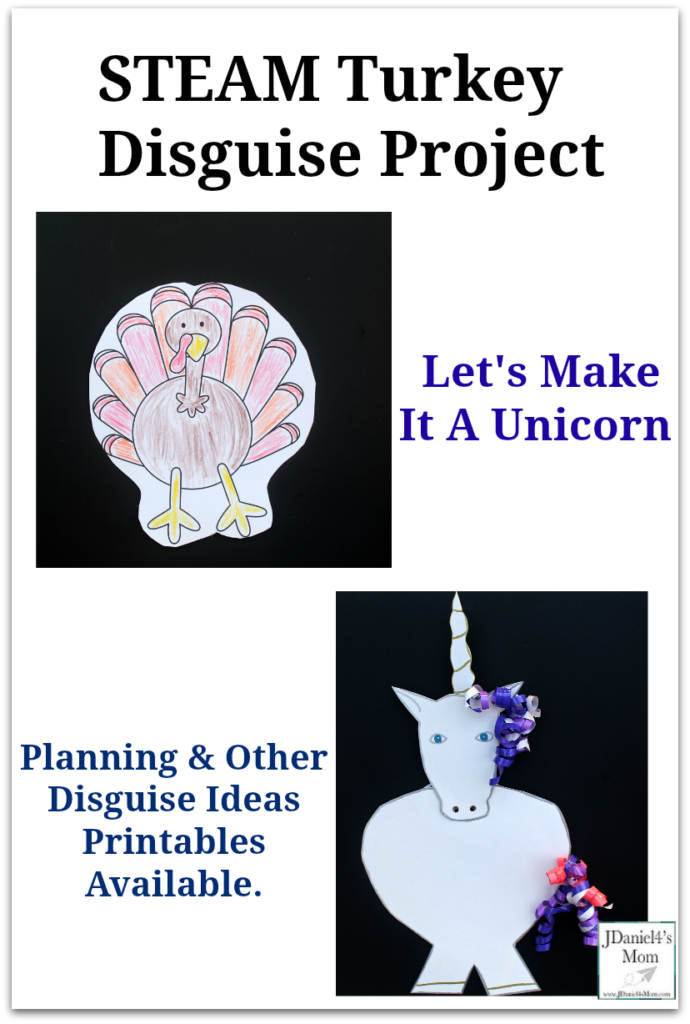 Let's Make a Unicorn STEAM Turkey Disguise Project - Actually children can design a variety of disguises for a turkey. This printable set includes a turkey template, planning document and idea chart.