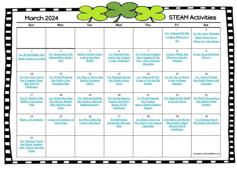 March 2024 STEAM Activity Calendar JDaniel4s Mom
