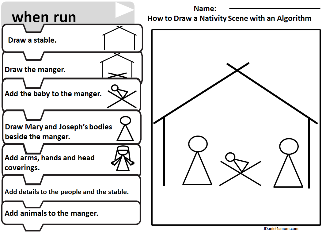 Offline Coding Academy- How to Draw a Nativity Scene with an Algorithm Worksheet - Drawing Mary and Joseph