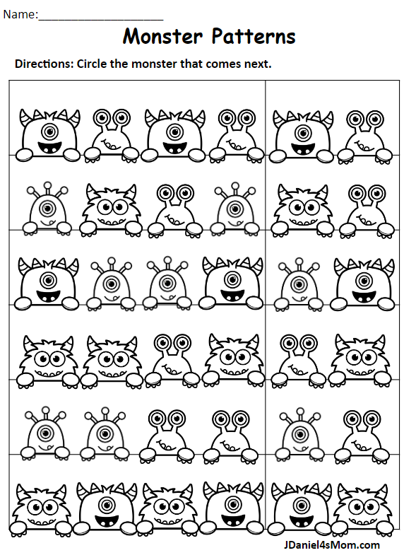 Monster Patterning Worksheets for Kids- Identifying the Pattern