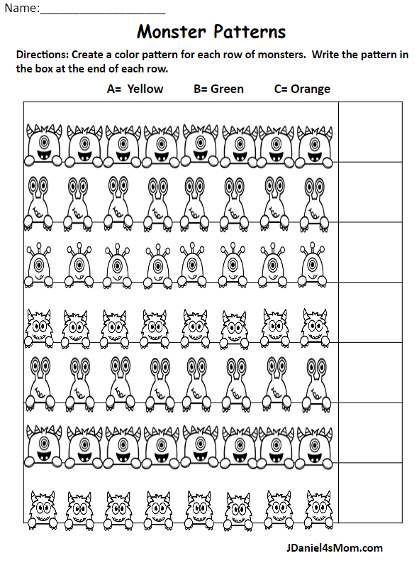 Monster Patterning Worksheets for Kids- Creating and Labeling a Pattern