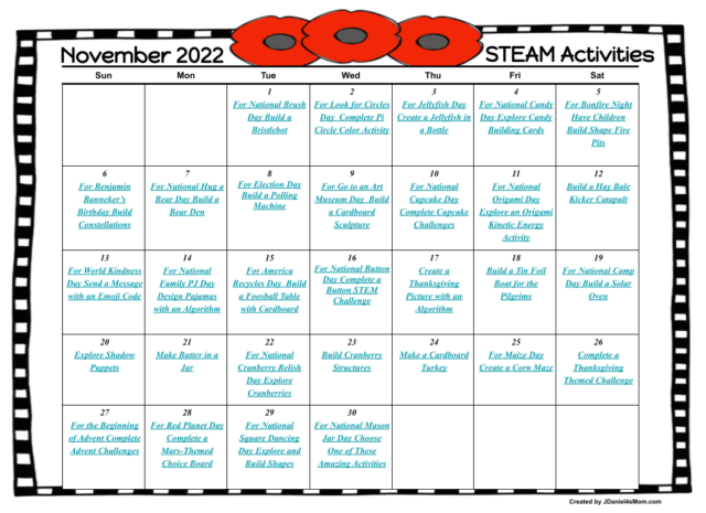 November 2022 STEAM Activities Calendar - JDaniel4s Mom