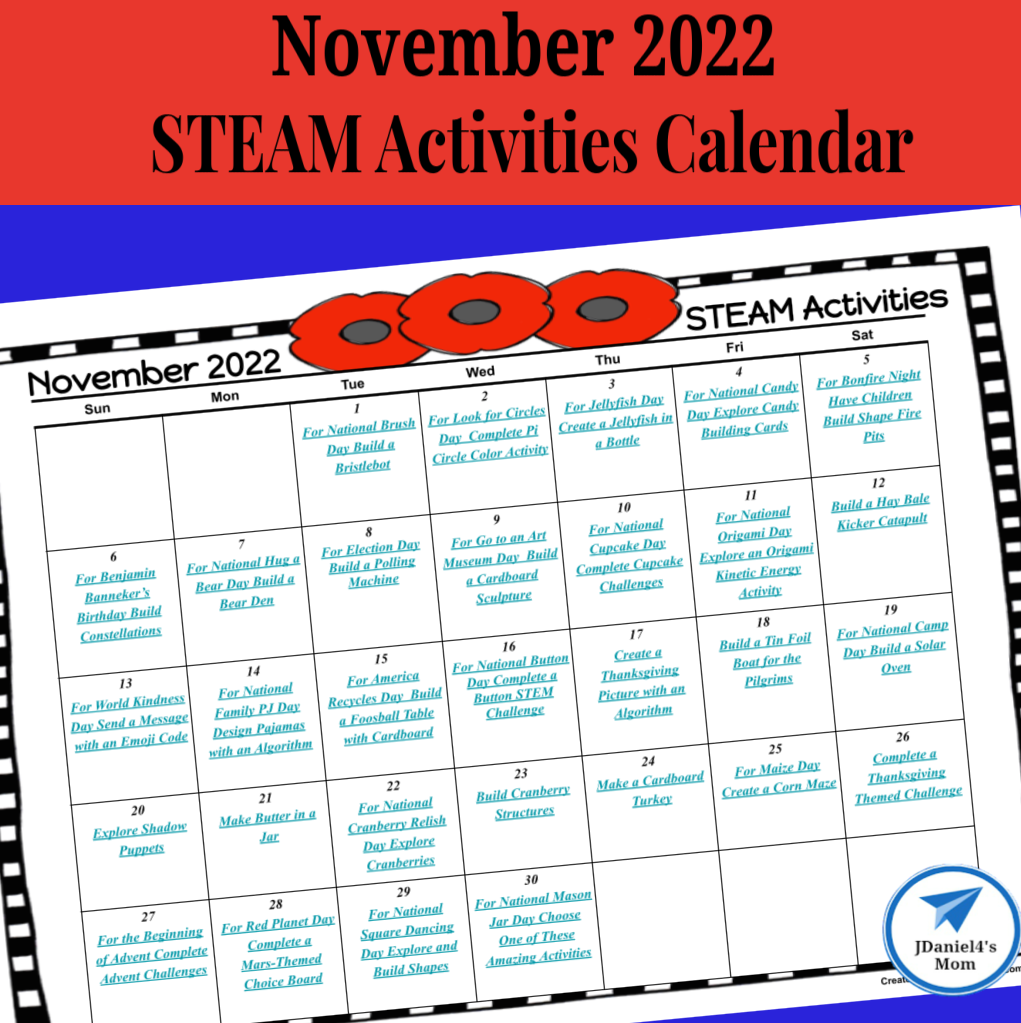 November 2022 STEAM Activities Calendar JDaniel4s Mom