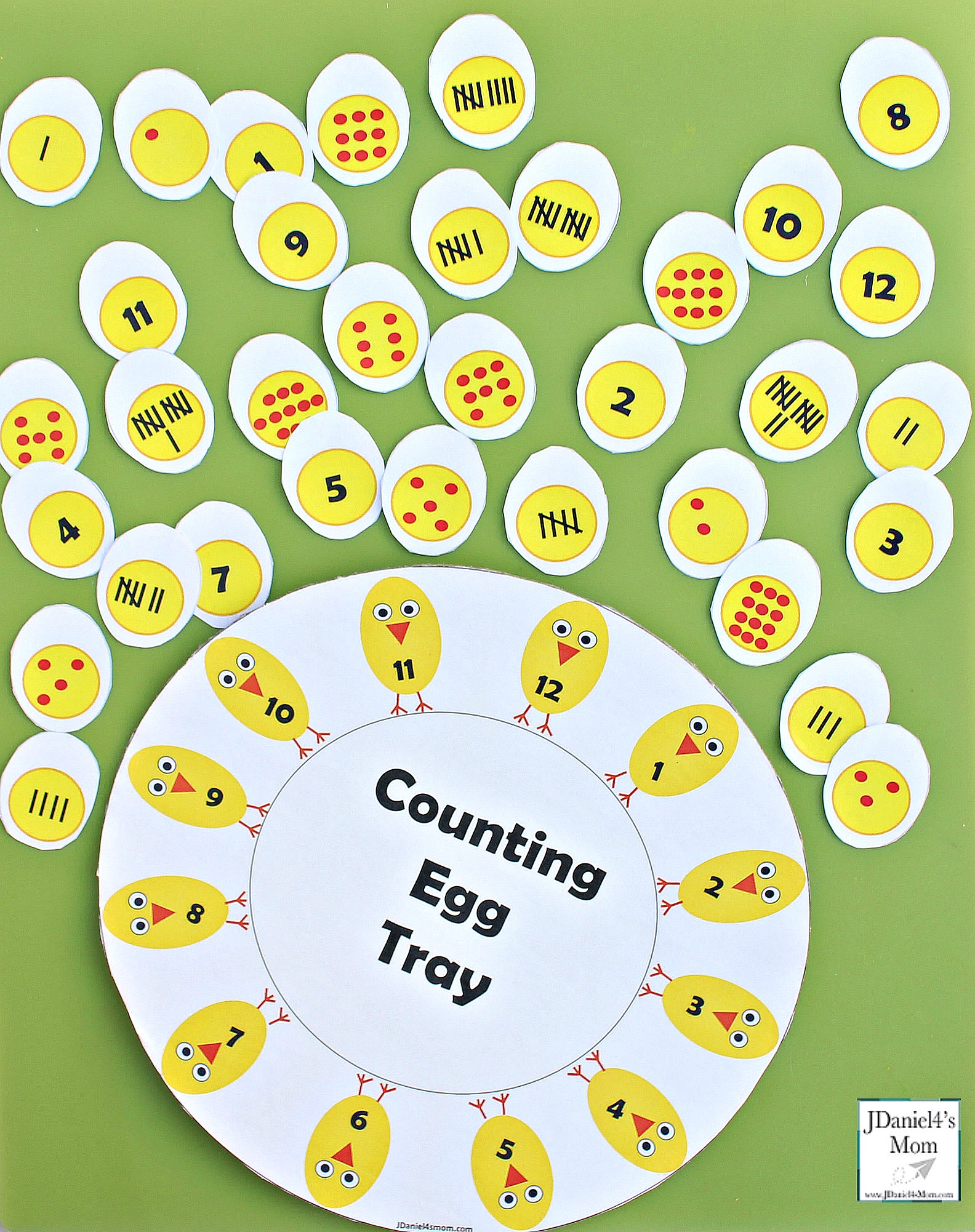 Number Recognition - Match the Chicken to the Egg Printables : This activity features a numbered deviled egg tray and three sets of number matching eggs. The first has tally marks, the second has numbers and the third has paprika colored dots. This is what the full set looks like.