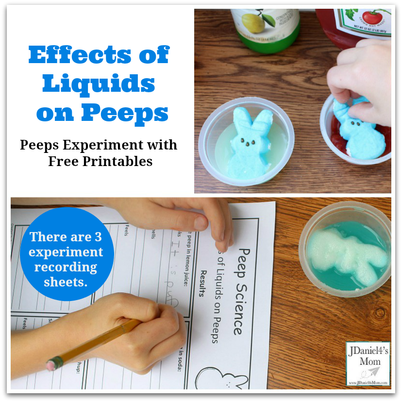 Peeps Experiment with Free Printables- Effects of Liquids on Peeps - This post offers three result recording sheets.
