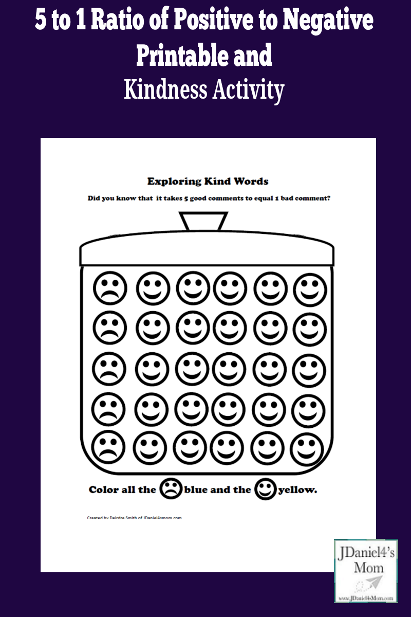 Kindness Activity - 5 to 1 ratio of Positive to Negative Printable- It takes a lot of positive comments to get past a negative one. This printable will help kids learn more about the effect of hurtful words.