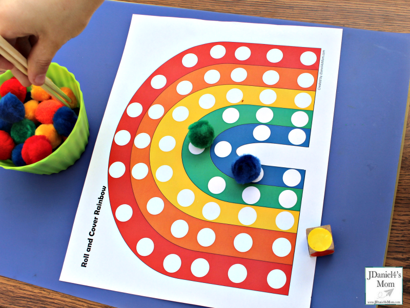 Preschool Color Activities - Roll and Cover Rainbow - Moving Pom Poms