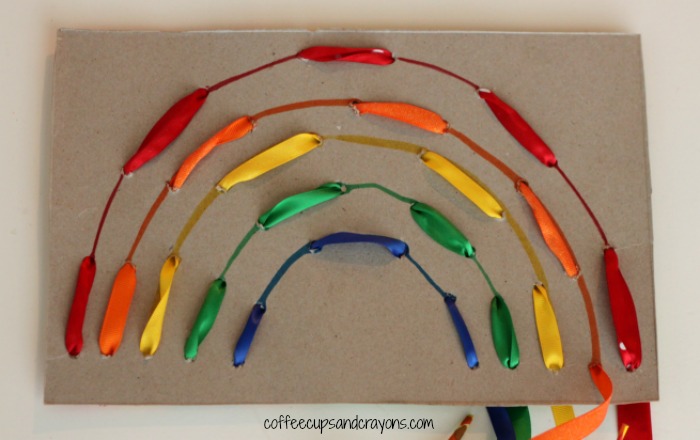 Rainbow Lacing Busy Bag from Coffee Cups and Crayons  This is an awesome fine motor busy bag activity. Children will love weaving various rainbow colors to create beautiful rainbows.   