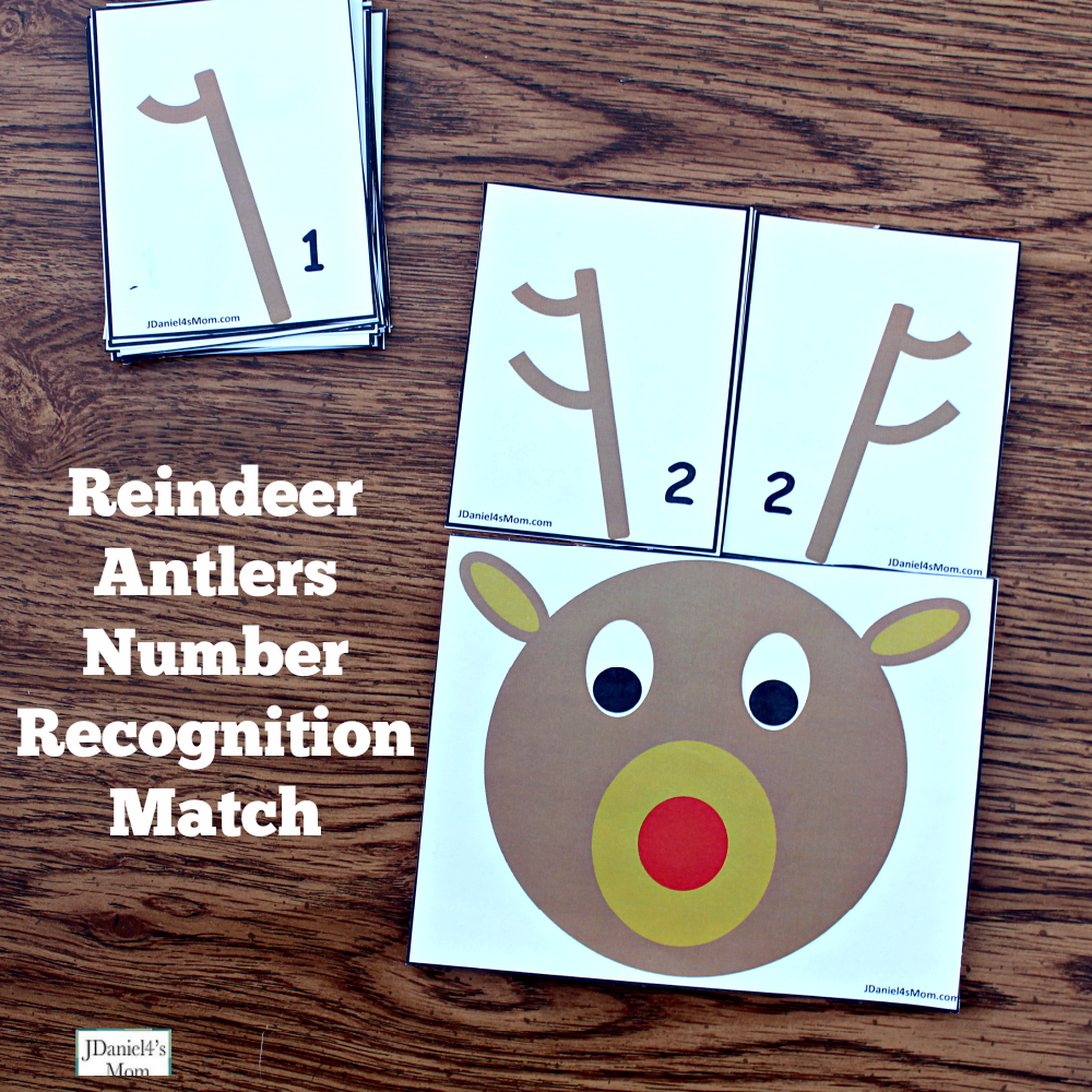 Reindeer Antlers Number Recongition - Students at school or children at home can work on number recognition and counting skills using this free printable set. It includes reindeer counting heads and ten pairs of antlers. Each anter card displays a number in antler points and number form. Children will have fun changing the number o antlers on their reindeer. This pair explores the number two and invited children to look for the card that will match the number one.