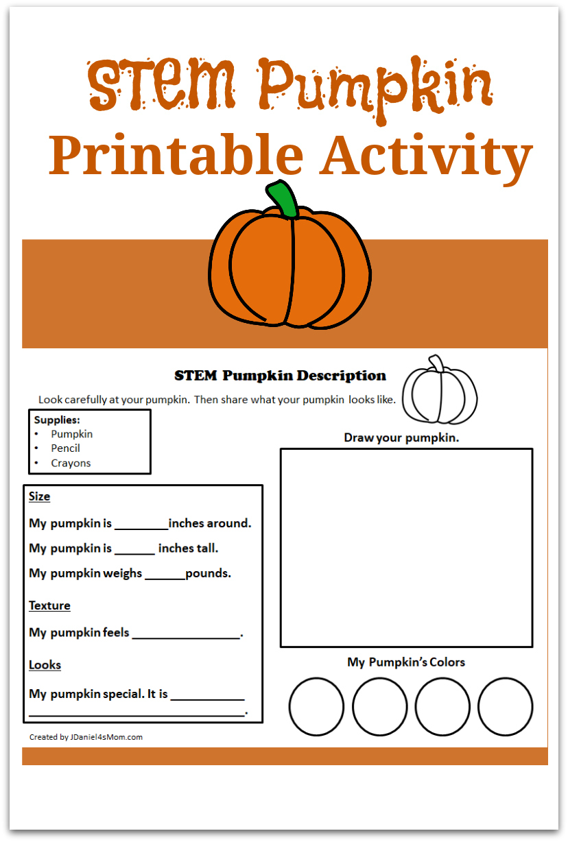 STEM Pumpkin Printable Activity- This activity is ideally used with individual small pumpkins. It is a great way to explore adjectives with preschool, kindergarten and grade school children.