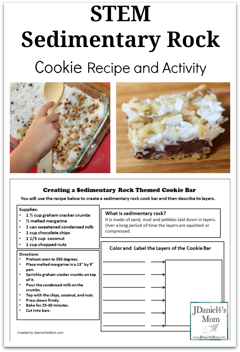STEM Sedimentary Rock Cookie Recipe and Activity - Your children at home or students at school can learn about the sedimentary section of the rock cycle by making these delicious sedimentary cookie bars. While creating the bars they will learn about the rock's layers and how they are formed when pressure it applied to them. A STEM printable is available that featured the recipe and a place to diagram the cookie.