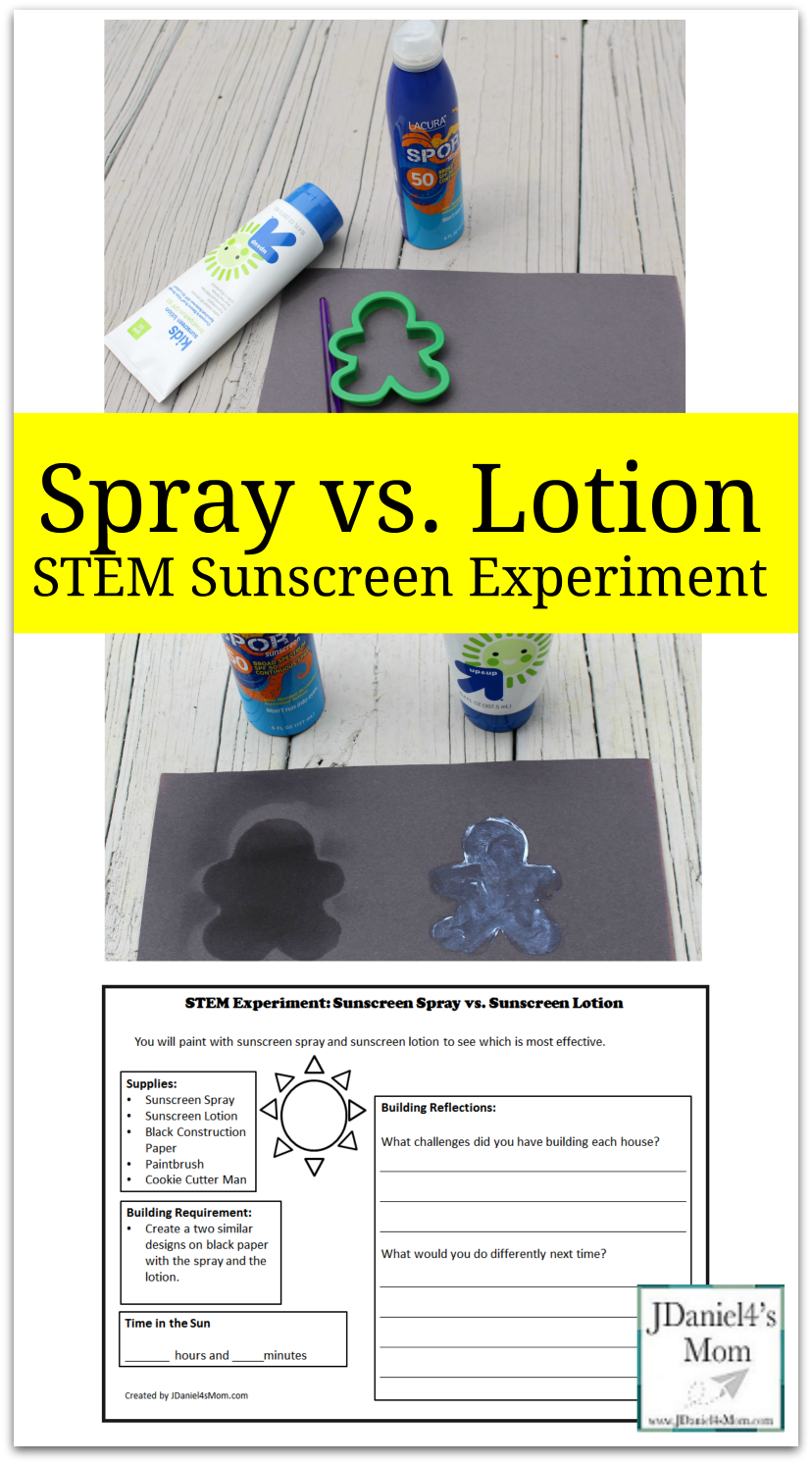 STEM Sunscreen Experiment : Spray vs. Lotion - Your students at school or children at home with experiment to find out whether sunscreen spray or lotion will keep black paper from fading. A  free recording printable is available on this post.