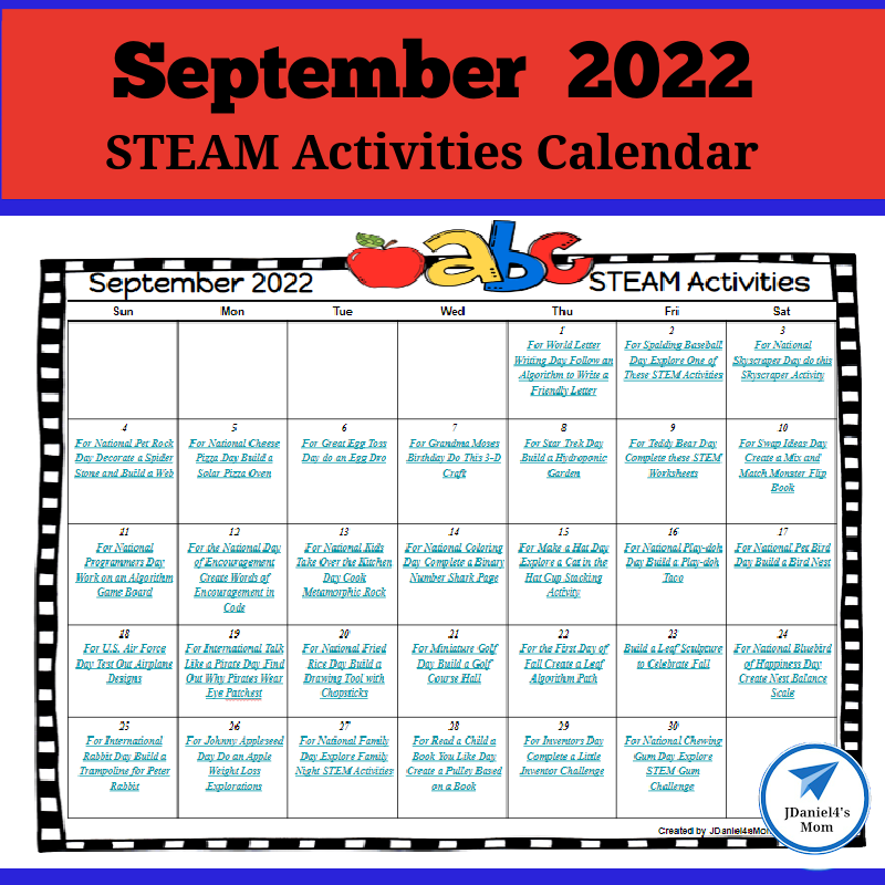 STEAM September Activity Calendar 2022 JDaniel4s Mom