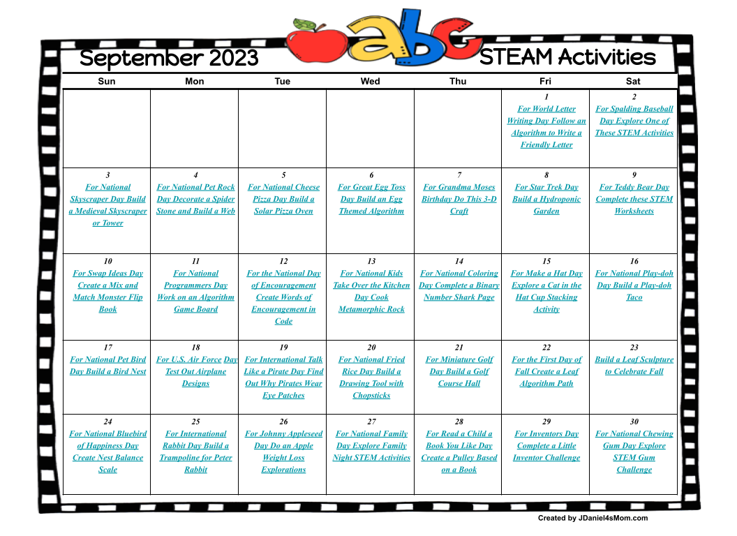 September STEAM Activity Calendar 2023 - JDaniel4s Mom