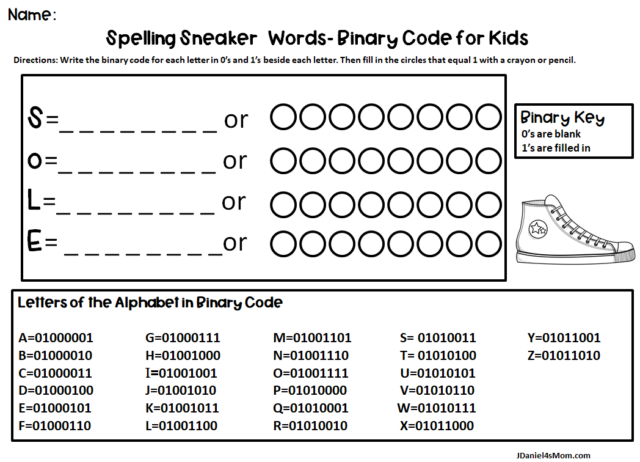 Spelling Sneaker Words in Binary Code for Kids