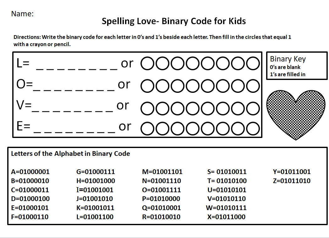 Binary Code for Kids Worksheet- Spelling Love Activity