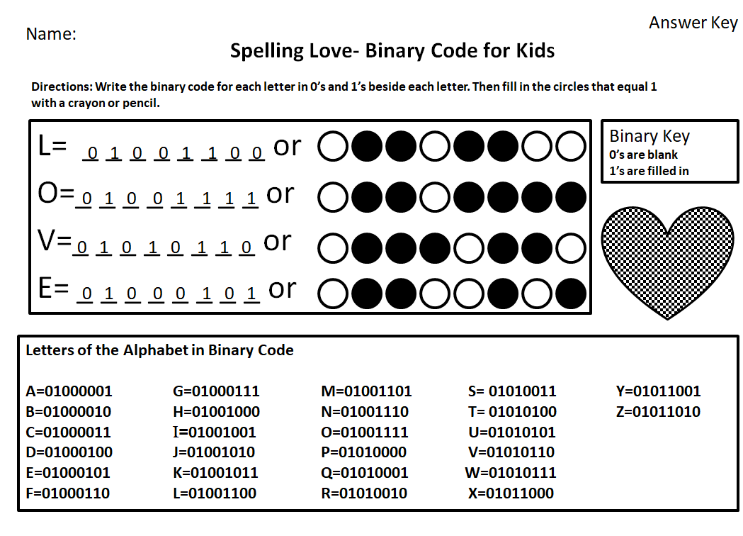 Spelling Love -Binary Code for Kids Worksheet Completed