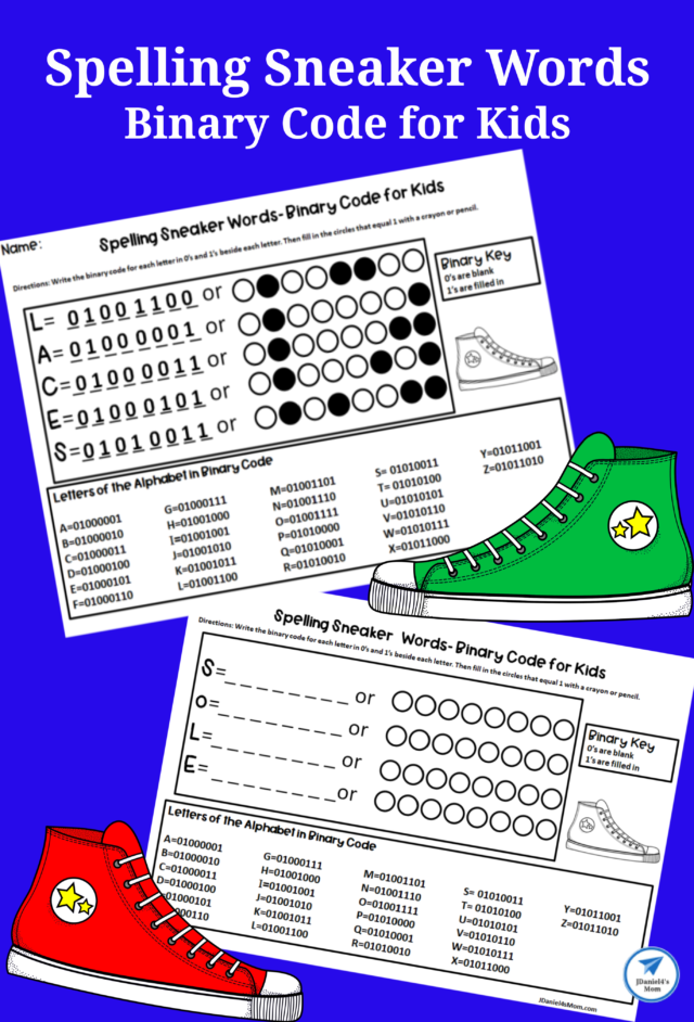 Spelling Sneaker Words- Binary Code for Kids Worksheet Set