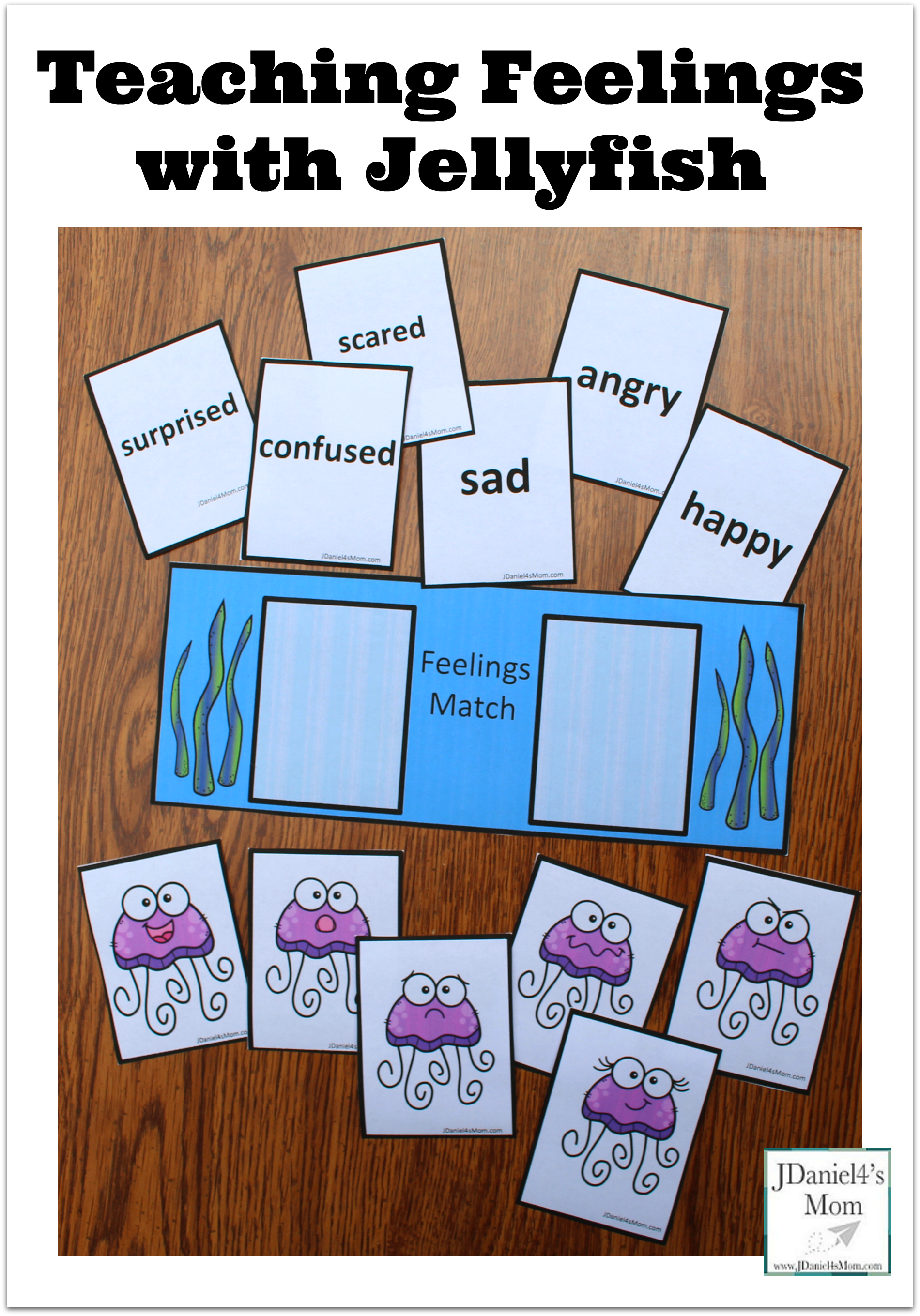 This set of teaching feelings with jellyfish printables includes feeling cards, jellyfish cards with various facial expressions and a work mat.