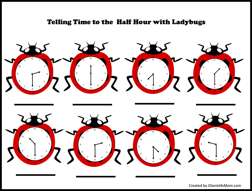 Telling Time Worksheets with Ladybugs - Telling Time to the Half Hour