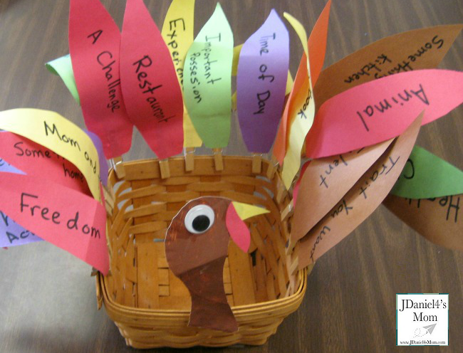 Thanksgiving Kids -Gratitude Turkey : The feathers list things you children can give thanks for.