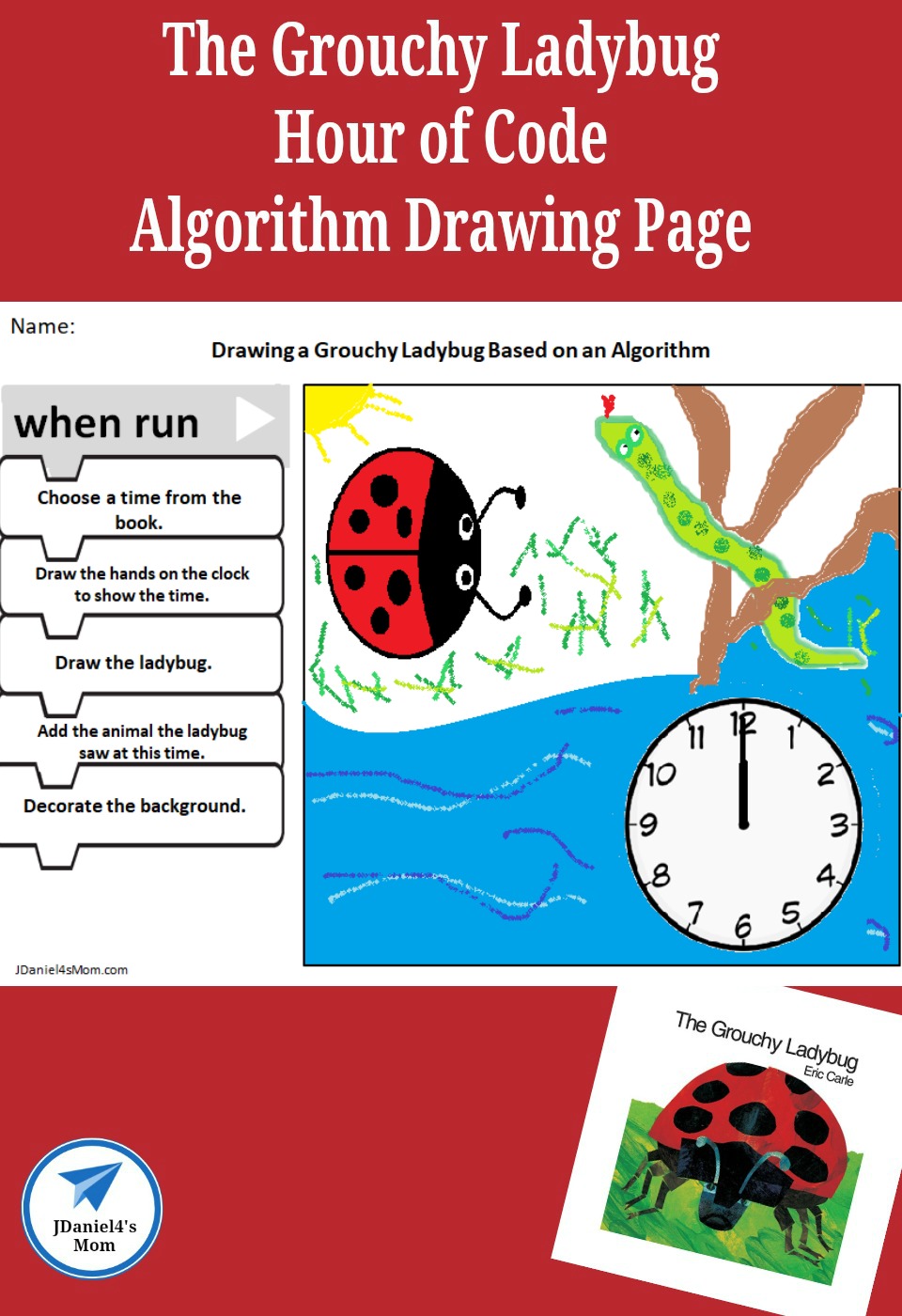 This offline coding activity invites children to explore coding and create an illustration based on the book The Grouchy Ladybug. It is a wonderful offline Hour of Code activity. You will find a number of coding and algorithm activities on JDaniel4's Mom.com. #HourofCode #coding #algorithm #TheGrouchyLadybug #EricCarle #jdaniel4smom
