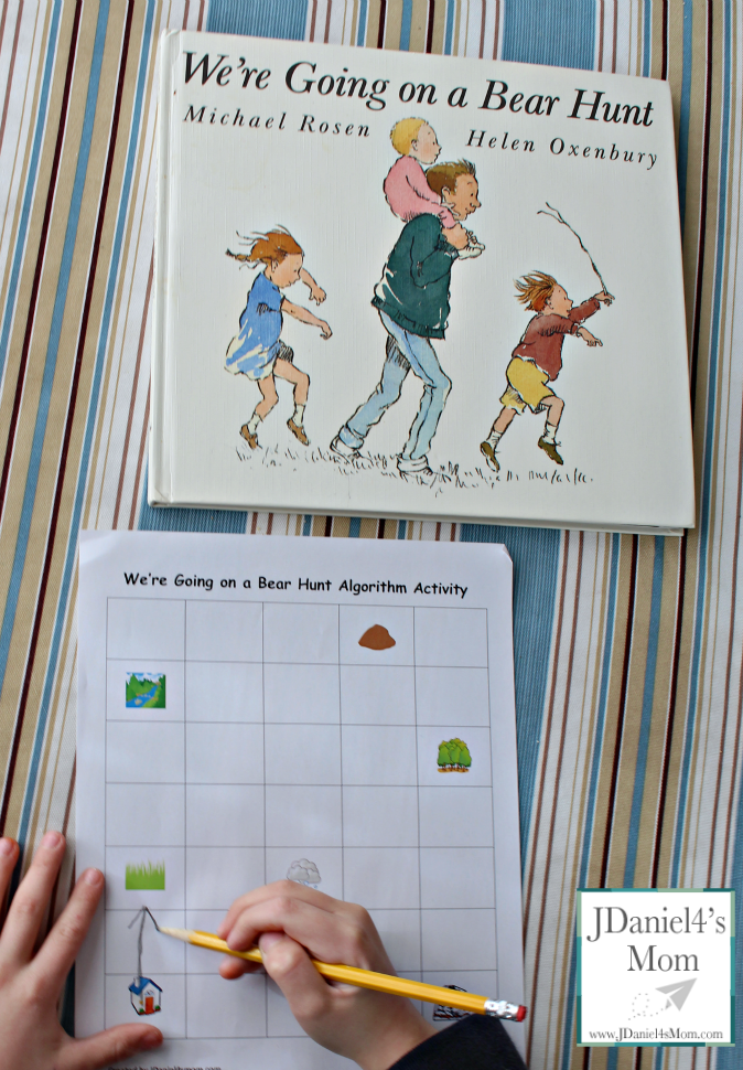 We're Going on a Bear Hunt Algorithm Coding Activity- Children can learn about building an algorithm while retelling a story. The algorithm story sheet is available for free on JDaniel4smom.com .