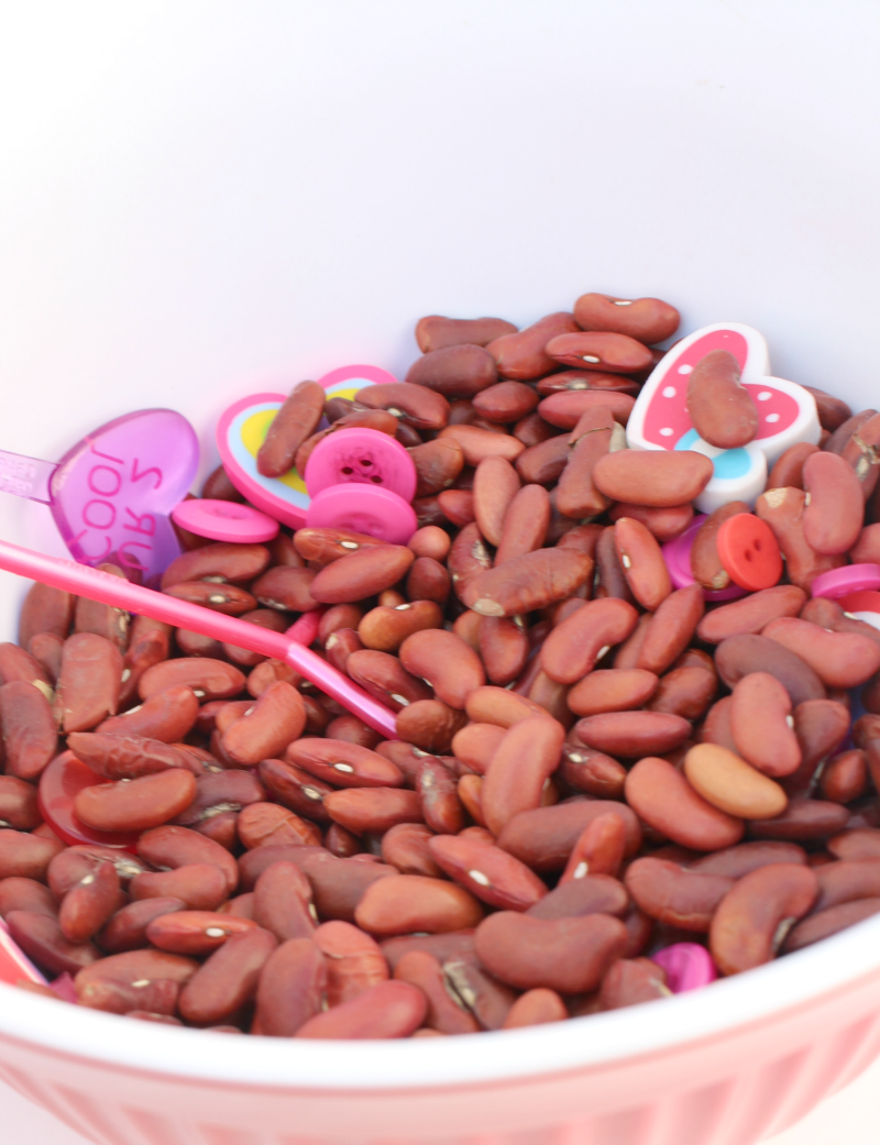 Valentine's Day Sensory Activity in Bowl- This is an invitation to explore a number of skill including fine motors skills and eye and hand coordination.