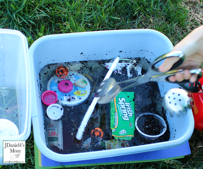 Water Pollution Experiments for Kids - Salad Tongs were great for removing trash.